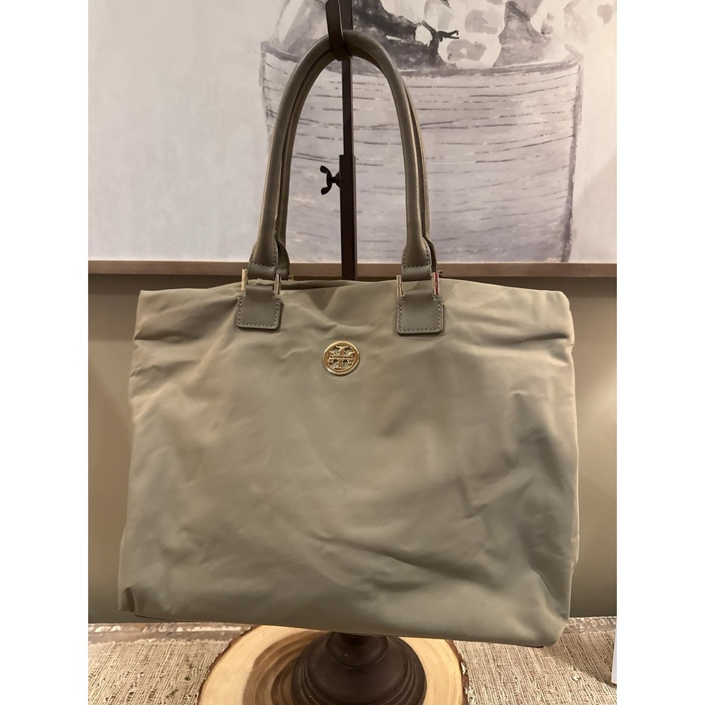 Tory Burch Ella Grey Nylon/Leather Tote Handbag Bag Top Handle Logo Medium